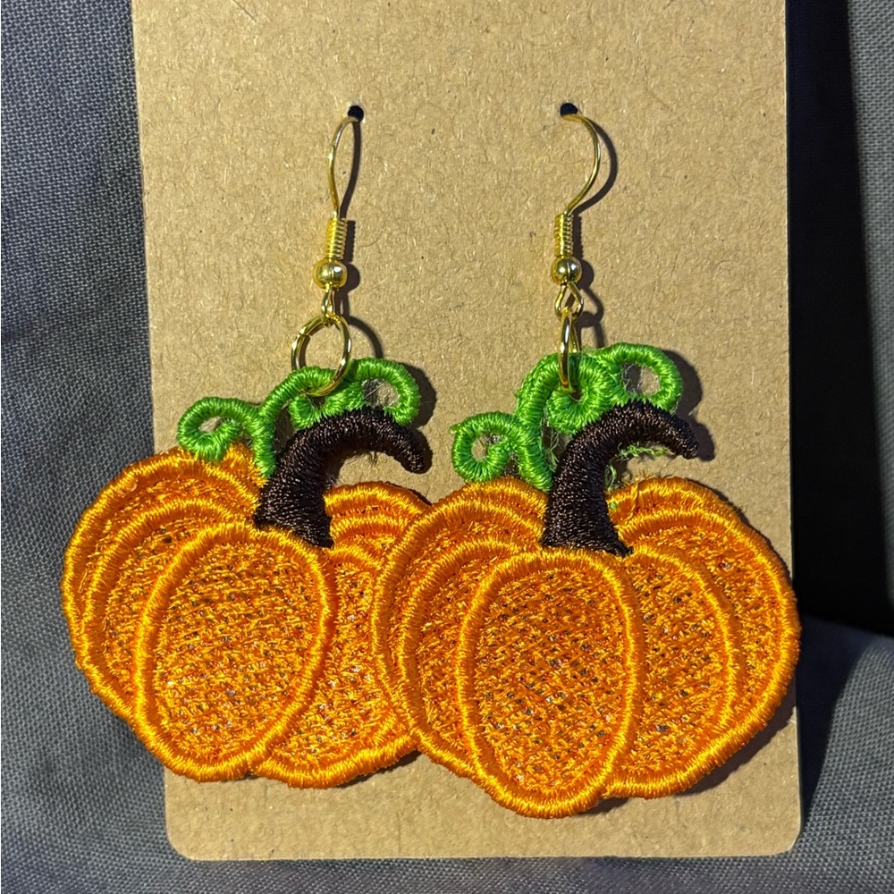 Embroidered Free standing Lace Pumpkin Earrings. Made By; Me